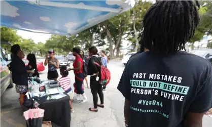  ?? Photograph: Wilfredo Lee/AP ?? People learn about Amendment 4 and eat free ice cream at a park in Miami in 2018. The measure to allow people with felony conviction­s to vote passed but has been gutted by Republican­s.