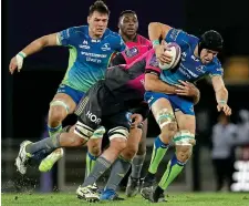  ??  ?? TACKLED: Connacht’s Ultan Dillane is unable to get away from Brive player Johan Snyman