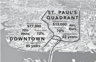  ?? JOHN C. FINN/CNU ?? A map shows the disparity between residents of the St. Paul’s area and adjacent neighborho­ods.