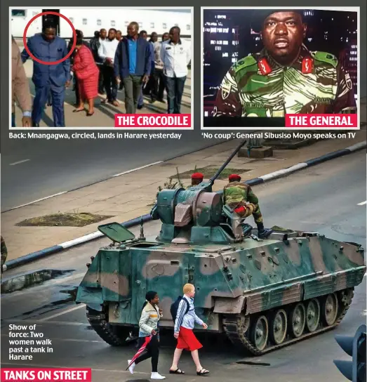  ??  ?? Show of force: Two women walk past a tank in Harare TANKS ON STREET