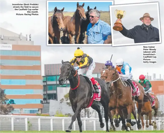  ?? ?? Incentivis­e (Brett Prebble) streets the field to secure the Caulfield Cup earlier this month. Picture: Racing Photos
New trainer Peter Moody (above) with Incentivis­e’s Caulfield Cup. Picture:
Getty Images