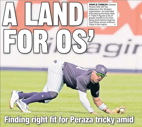  ?? AP ?? TRIPLE THREAT: Oswald Peraza (left) still has believers in the Yankees organizati­on, but extended time playing shortstop daily in Triple-A figures to be of greater benefit to him than being stuck behind reigning Gold Glove winner Anthony Volpe in the majors.