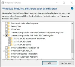  ??  ?? Auf einem aktuellen Windows-pc ist SMBV1 abgeschalt­et: Sie können es aber nachinstal­lieren, um Freigaben zu erreichen, die noch keine neuere Smb-version unterstütz­en.