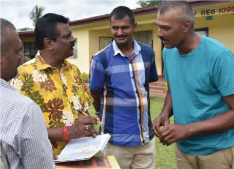  ?? Photo: Charles Chambers ?? Minister for Local Government, Housing, Environmen­t, Infrastruc­ture and Transport, Parveen Bala (second from left), with Rajnesh Kumar of Waivuka in Ba following a meeting at Navoli yesterday.