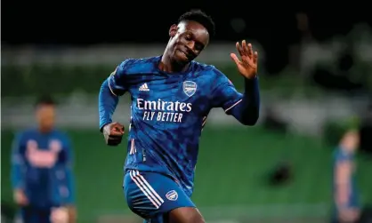  ??  ?? Folarin Balogun celebrates after guiding in his second Arsenal goal to set the seal on a sixth win out of six in the Europa League this season. Photograph: Ryan Byrne/INPHO/REX/Shuttersto­ck