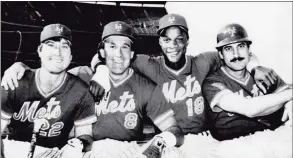  ?? The Sporting News / Via Getty Images ?? From left to right, Ray Knight (22), Gary Carter (8), Darryl Strawberry (18) and Keith Hernandez (17) of the New York Mets pose for a photo on June 23, 1986 at Shea Stadium in New York.