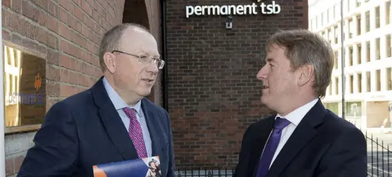  ??  ?? Jeremy Masding, left, is passing the CEO torch to Eamonn Crowley at a turbulent time for Permanent TSB