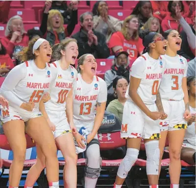  ?? KARL MERTON FERRON/BALTIMORE SUN ?? Having contribute­d with their share of the scoring and defense, Maryland’s Mila Reynolds, from left, Abby Meyers, Faith Masonius, Shyanne Sellers and Lavender Briggs react to guard Ava Sciolla scoring against Holy Cross during an NCAA Tournament first-round game Friday in College Park.