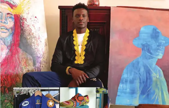  ??  ?? Above: Papi, alias Mamadou Wane with his paintings and designed clothes. Far Left: One of Selly’s Designs. Left: Aissatous’ shoe designs. She specialize­s in shoes and bags. Aissatous sold part of her company to an American investor and can now invest heavily worldwide.