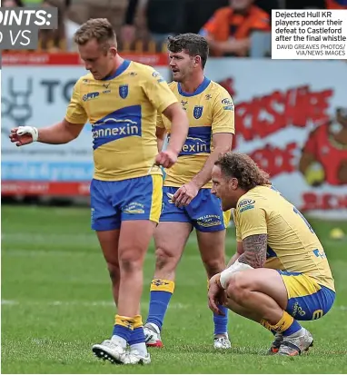 ?? DAVID GREAVES PHOTOS/ VIA/NEWS IMAGES ?? Dejected Hull KR players ponder their defeat to Castleford after the final whistle