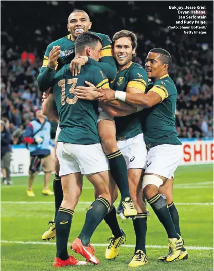  ??  ?? Bok joy: Jesse Kriel, Bryan Habana, Jan Serfontein and Rudy Paige.