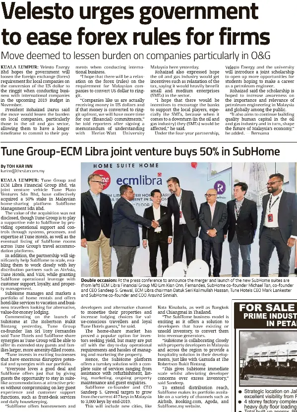  ??  ?? By TOH KAR INN karinn@thestar.com.my Double occasion: At the press conference to announce the merger and launch of the new SubHome suites are (from left) ECM Libra Financial Group MD Lim Kian Onn, Fernandes, SubHome co-founder Michael Tan, co-founder and CEO Sandeep S. Grewal, ECM Libra chairman Datuk Seri Kalimullah Hassan, Tune Hotels CEO Mark Lankester and SubHome co-founder and COO Aravind Sinniah.