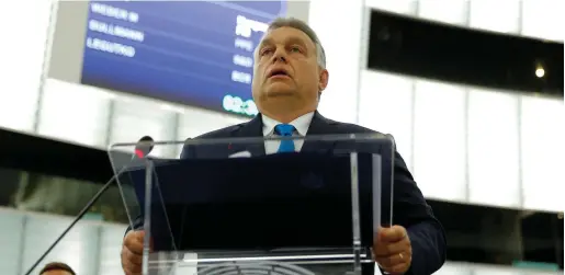  ??  ?? Defiant: Hungarian Prime Minister Viktor Orban delivers a speech at the European Parliament in Strasbourg, France. Photo: Getty