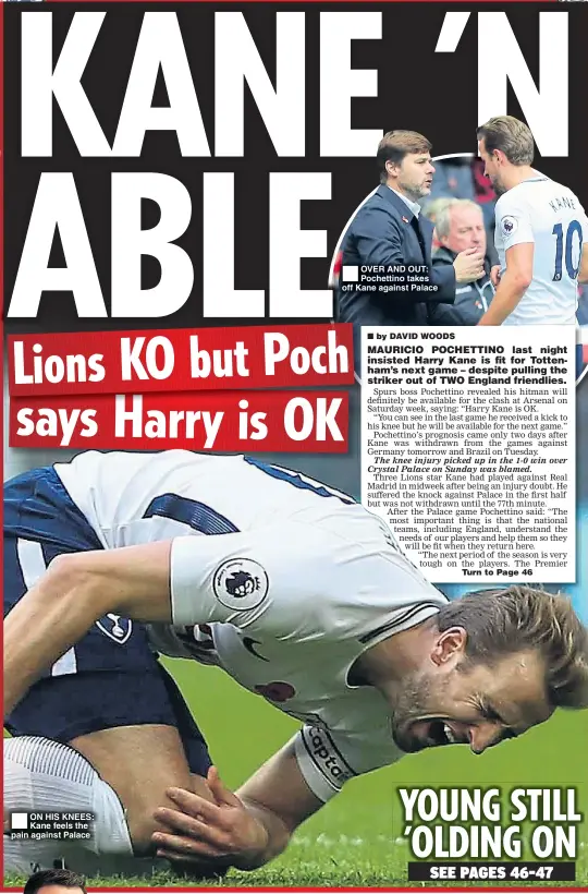  ??  ?? ON HIS KNEES: Kane feels the pain against Palace OVER AND OUT: Pochettino takes off Kane against Palace