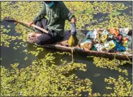  ?? ?? A Kashmiri boatman employed by the Lakes and Waterways Developmen­t Authority removes garbage from Dal Lake.