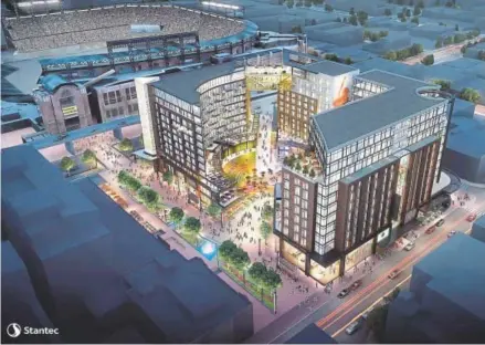  ?? Rendering by Stantec ?? The project for LoDo would include 114 condos; 144,693 square feet of hotel space; 87,091 square feet for bars, restaurant­s or retailers; 210,900 square feet for offices; and a 34,015-square-foot hall of fame and event space for the team.