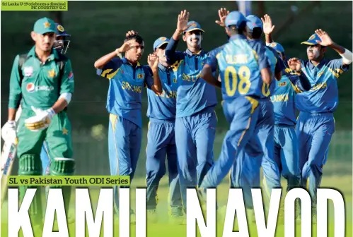  ??  ?? Sri Lanka U-19 celebrates a dismissal PIC COURTESY SLC