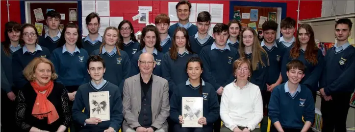  ??  ?? Teacher Anne Hally’s LC1 class with Billy Roche at the Bridgetown Vocational College Writer in Residence awards (from left) back – Shannon White, Lauren McCormack, Jake Walsh, Roisin O’Grady, Jack Lacey, Clodagh Ruthbotham, Eleanor Clayton, Naoise...