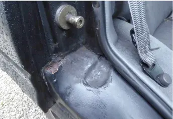  ??  ?? Look for rust and bodged repairs on rear inner arches. Seat belt mounting under carpet can be corroded