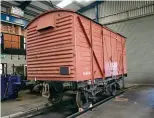  ?? GARETH EVANS ?? Box van No. B768248 has received attention by the NVR’s engineerin­g department to its W irons, which essentiall­y the axles slot into. Following the restoratio­n of its vacuum braking capability, the van is due to return to traffic.