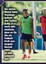  ??  ?? Vor einem Monat beim Trainingsa­uftakt war Fabian Kalig (2.v.l.) noch optimistis­ch, dass es für ihn als FußballPro­fi weitergeht. Derzeit sieht es eher schlecht aus.