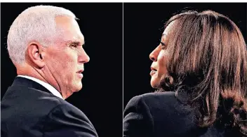  ?? FOTO: JUSTIN SULLIVAN/AFP ?? Eine Bildkombin­ation aus dem TV-Duell zwischen Mike Pence und Kamala Harris.