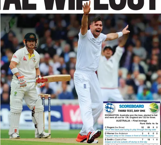  ??  ?? Magical moment: Jimmy Anderson celebrates claiming the wicket of David Warner, which began the quick downfall of the Australian­s and put England in total control