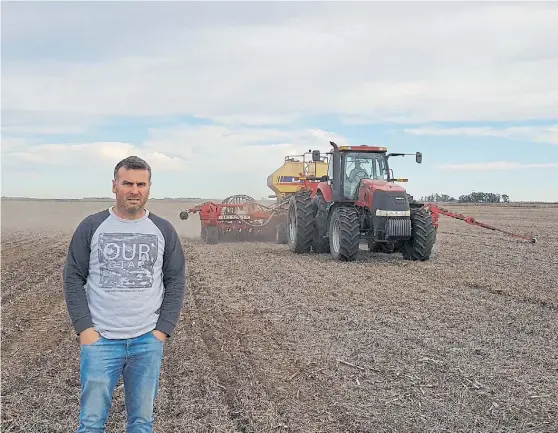  ??  ?? Cereal. Andrés Aseguinola­za durante la siembra de trigo. Ese cultivo, el único que venden en forma de grano, puede alcanzar los 55 quintales/ha.