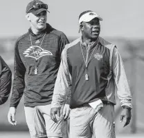  ?? Marvin Pfeiffer / Staff photograph­er ?? UTSA coach Frank Wilson, right, credits offensive coordinato­r Jeff Kastl for the offense’s improvemen­t.