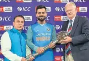  ?? ICC ?? Sunil Gavaskar and Graeme Pollock presented India captain Virat Kohli with the ICC Test Mace in Cape Town on Saturday.