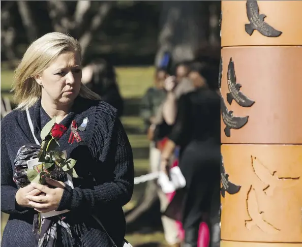  ?? IAN KUCERAK ?? Widow Shelly MacInnis-Wynn reads the names of the fallen on the Pillar of Strength at the end of Alberta’s Police and Peace Officers’ Memorial Day at the Alberta Legislatur­e on Sunday. Her husband David Wynn was shot in the line of duty in January of...