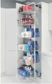  ??  ?? Baskets integrated into a pantry door may increase the storage space.