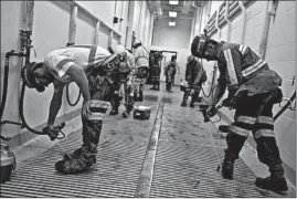  ?? ZBIGNIEW BZDAK/CHICAGO TRIBUNE ?? Miners are cleaning their boots after working morning shift at Lively Grove coal mine on , Oct. 13, 2011. The Lively Grove Mine provides fuel to adjacent power plant.