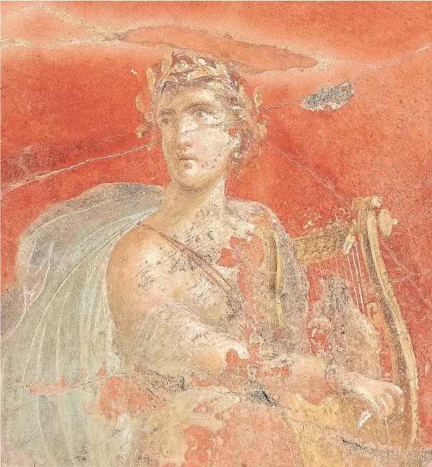  ??  ?? i Lyre, lyre, Rome’s on fire: detail from a wall painting in Villa Moregine, near Pompeii (60-79AD) which is thought to show Nero as Apollo