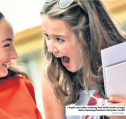  ?? Richard Swingler ?? > Pupils react after receiving their GCSE results at Ysgol Gyfun Gymraeg Plasmawr, Fairwater, Cardiff