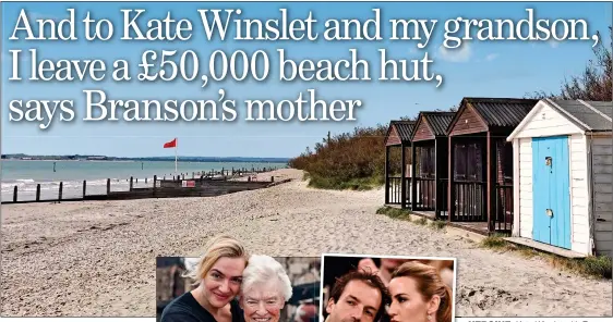  ?? ?? HEROINE: Kate Winslet with Eve Branson, far left, and her husband, the former Ned Rocknroll, left. Above, the exclusive beach where Eve owned hut