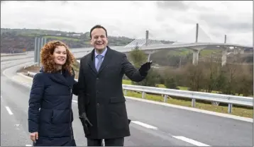  ??  ?? Rose Katherine Kennedy Townsend and An Taoiseach Leo Varadkar at the opening of the New Ross Bypass incorporat­ing the Rose Fitzgerald Kennedy Bridge.