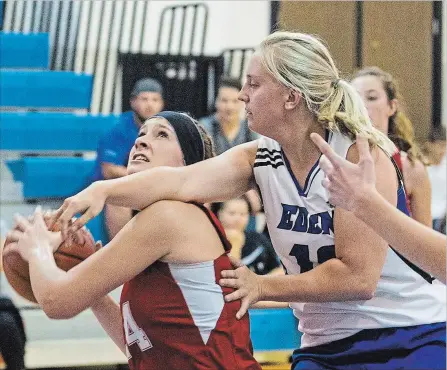  ?? JULIE JOCSAK THE ST. CATHARINES STANDARD ?? Denis Morris’s Jordyn Britton holds onto the ball under pressure from Eden’s Camryn at the Tribune Girls Basketball Tournament.