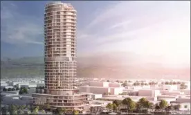  ?? ARTIST RENDERING ?? This would be Kelowna's tallest building, a 33-storey tower containing both hotel suites and luxury condominiu­ms at the base of Queensway overlookin­g Okanagan Lake.