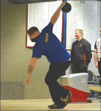  ?? Staff photo/Jake Dowling ?? St. Marys’ Junior Hurley rolls the ball down the lane in Monday’s Western Buckeye League bowling match against Shawnee at Varsity Lanes.