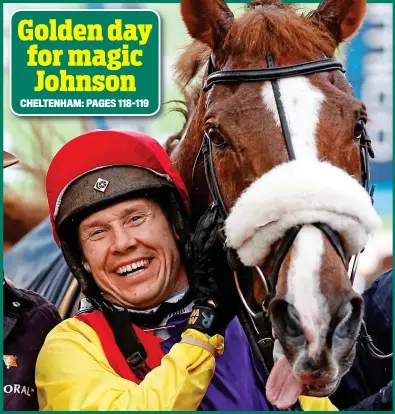  ??  ?? Gold Cup glory: Native River flicks out a tongue while jockey Richard Johnson is all smiles