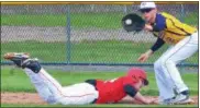  ?? KYLE MENNIG – ONEIDA DAILY DISPATCH ?? Upper photo, Vernon-Verona-Sherrill’s Ryan Palmer swings at a pitch during Tuesday’s game against Holland Patent. Above, Vernon-Verona-Sherrill’s Davey Moffett (14) dives safely back into first as Holland Patent’s Conner Ludwin (2) fields a pickoff...