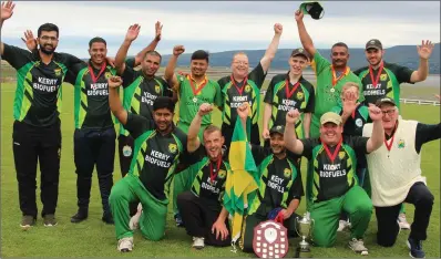  ??  ?? The Kerry Junior cricket team celebrate with their trpohies at The Oyster Ovalin The Spa