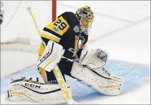  ?? AP PHOTO ?? Pittsburgh Penguins goalie Marc-Andre Fleury makes a save during the first period of Game 6 in an NHL Stanley Cup Eastern Conference semifinal hockey game against the Washington Capitals in Pittsburgh, Monday.