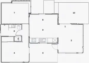  ??  ?? 1. Entry
2. Living
3. Patio
4. Bedroom
5. Laundry
6. Bathroom
7. Bedroom/office
8. Dining
9. Kitchen
10. Deck