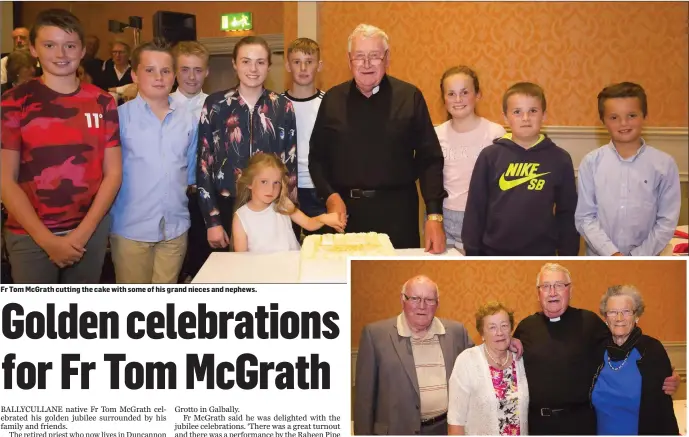  ??  ?? Fr Tom McGrath cutting the cake with some of his grand nieces and nephews. Fr Tom McGrath with his brother Denis and sisters Margaret and Anna.