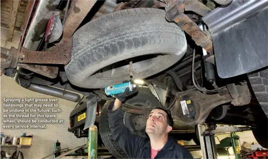  ??  ?? Spraying a light grease over fastenings that may need to be undone in the future, such as the thread for this spare wheel, should be conducted at every service interval.