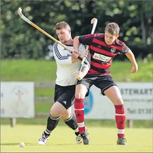  ?? Photograph: Neil Paterson. ?? Marc MacLachlan, making his debut for Lovat, in a duel with Oban Camanachd’s Gary McKerrache­r.