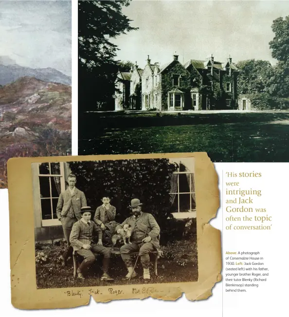  ??  ?? Above: A photograph of Corsemalzi­e House in 1930. Left: Jack Gordon (seated left) with his father, younger brother Roger, and their tutor Blenky (Richard Blenkinsop) standing behind them.