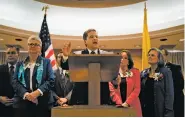  ?? ASSOCIATED PRESS FILE PHOTO ?? State Sen. Joseph Cervantes, joined by Democratic Sens. Liz Stefanics, left, Mimi Stewart and Mary Kay Papen, right, gives the response to New Mexico Gov. Susana Martinez’s State of the State address Jan. 17 in Santa Fe.